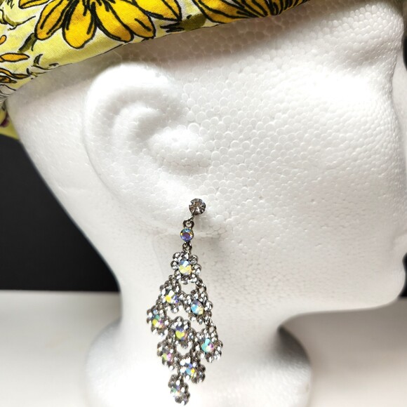 Bling Rhinestone Earrings AB Flower Drop Chandeliers 2.75 in. Pagent Prom - Picture 2 of 7